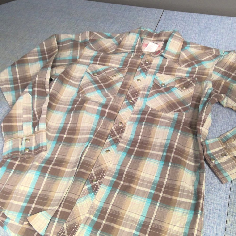Wrangler Western Pearl Snap Shirt Long Sleeve Tan Plaid Youth XL (14-16) Boys